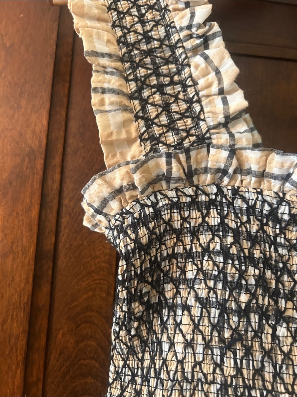 GANNI Smocked Sundress in Beige and Black Plaid - Picture 9 of 14